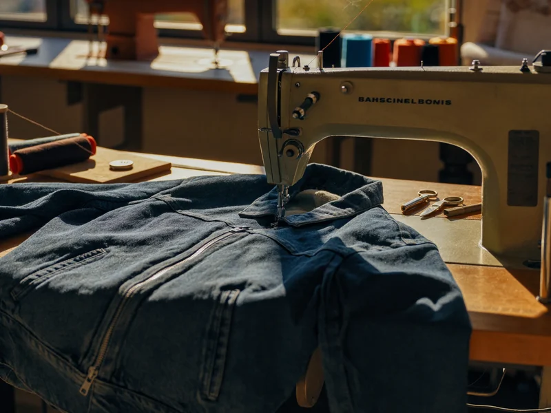 Jeansjacke auf der Werkbank, während ein neuer Metallreißverschluss eingenäht wird