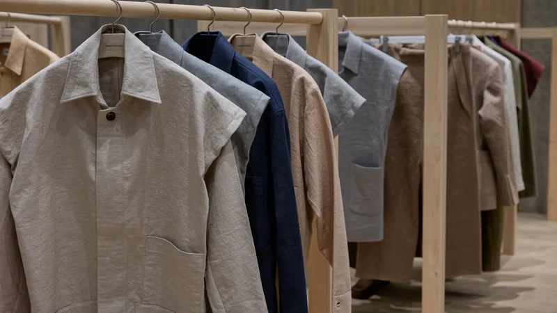 Reihe reparierter und geänderter Kleidungsstücke auf einer Holzstange in der Werkstattecke